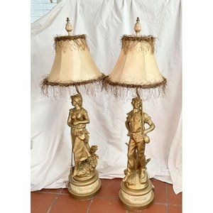 Really Rare August Moreau Pair of Lamps, Orig Shades & Finials
